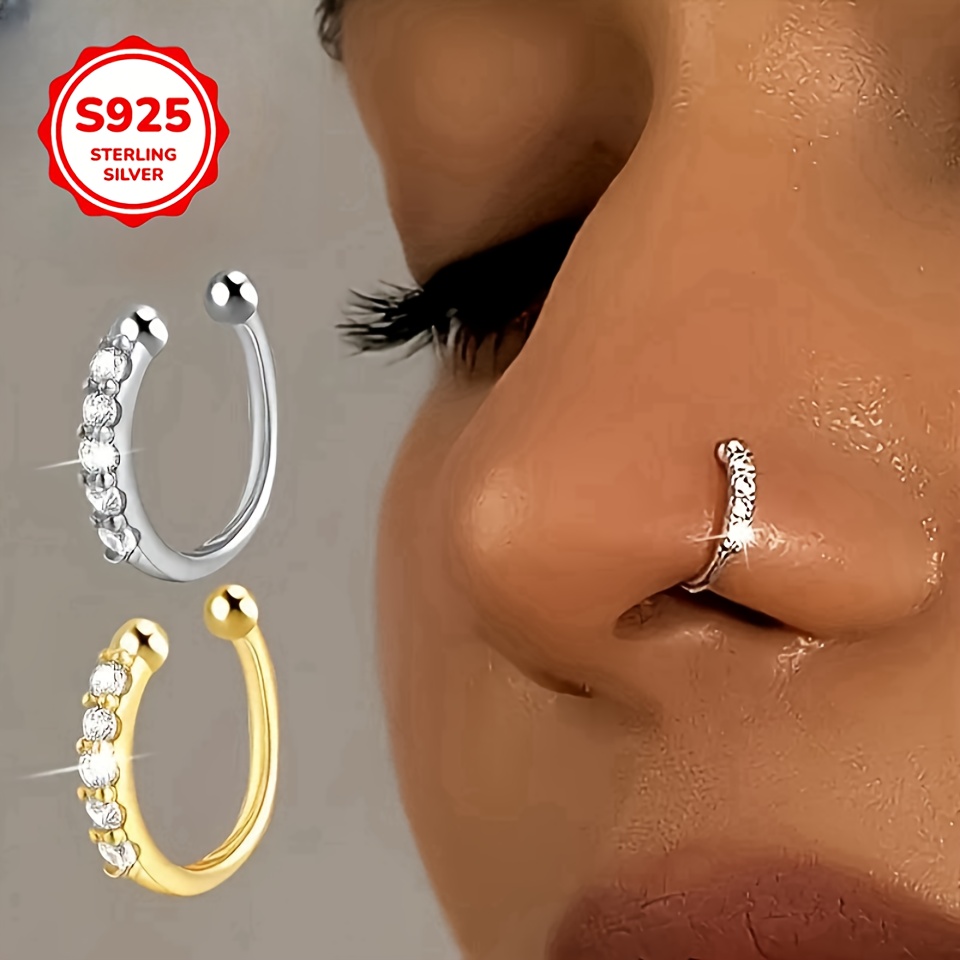 TEMU 2pcs Bohemian Faux Nose Ring, 925 Sterling Silver With Cubic Zirconia No Piercing Needed, Fashion Hip Hop Accessory
