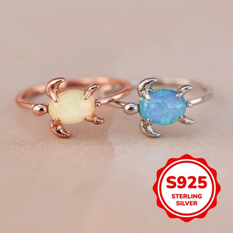 S925 Sterling Silvery Inlaid Synthetic Turquoise Turtle Ring