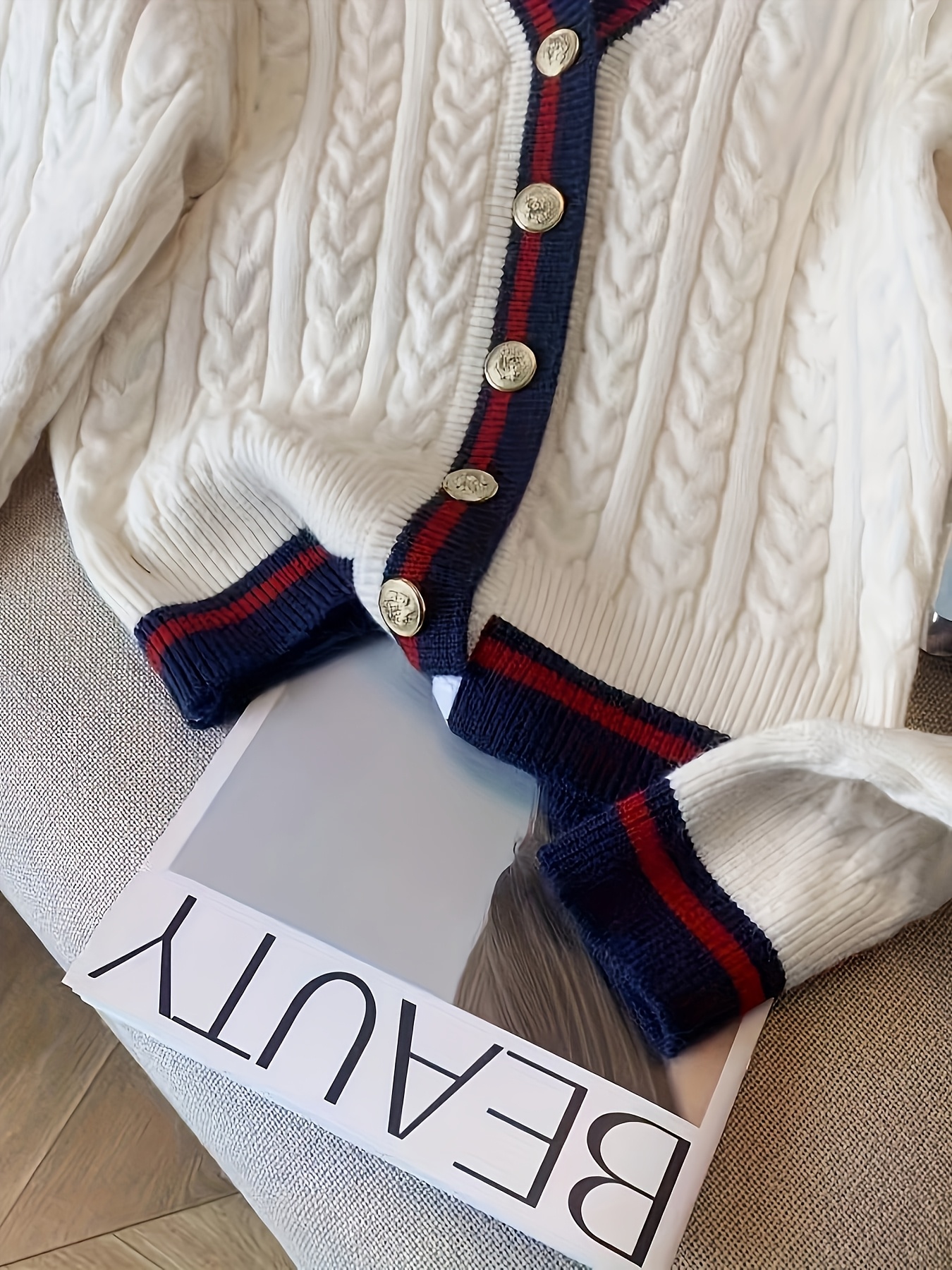 Elegant Women'S Cardigan | V-neck with Color Block Design, Long Sleeve, Medium Stretch Fabric, Suitable for Daily Commute and Streetwear