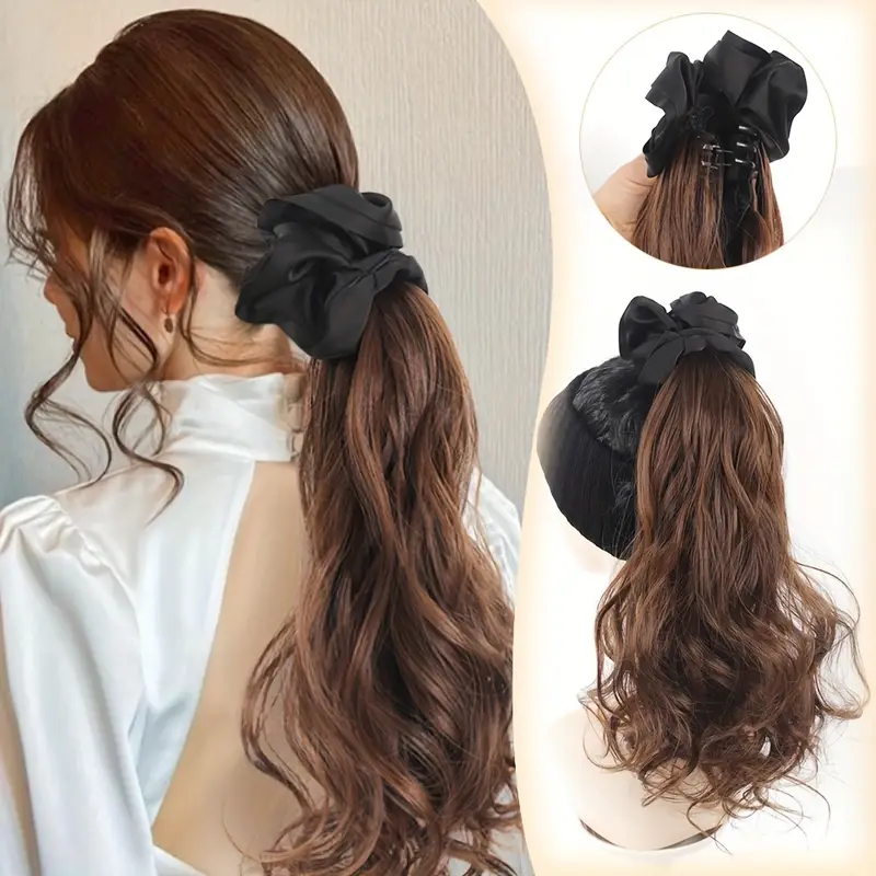 16 inch elegant black wavy claw clip ponytail hair extensions for women high temperature fiber synthetic ponytail with black headband weddings formal event details 1