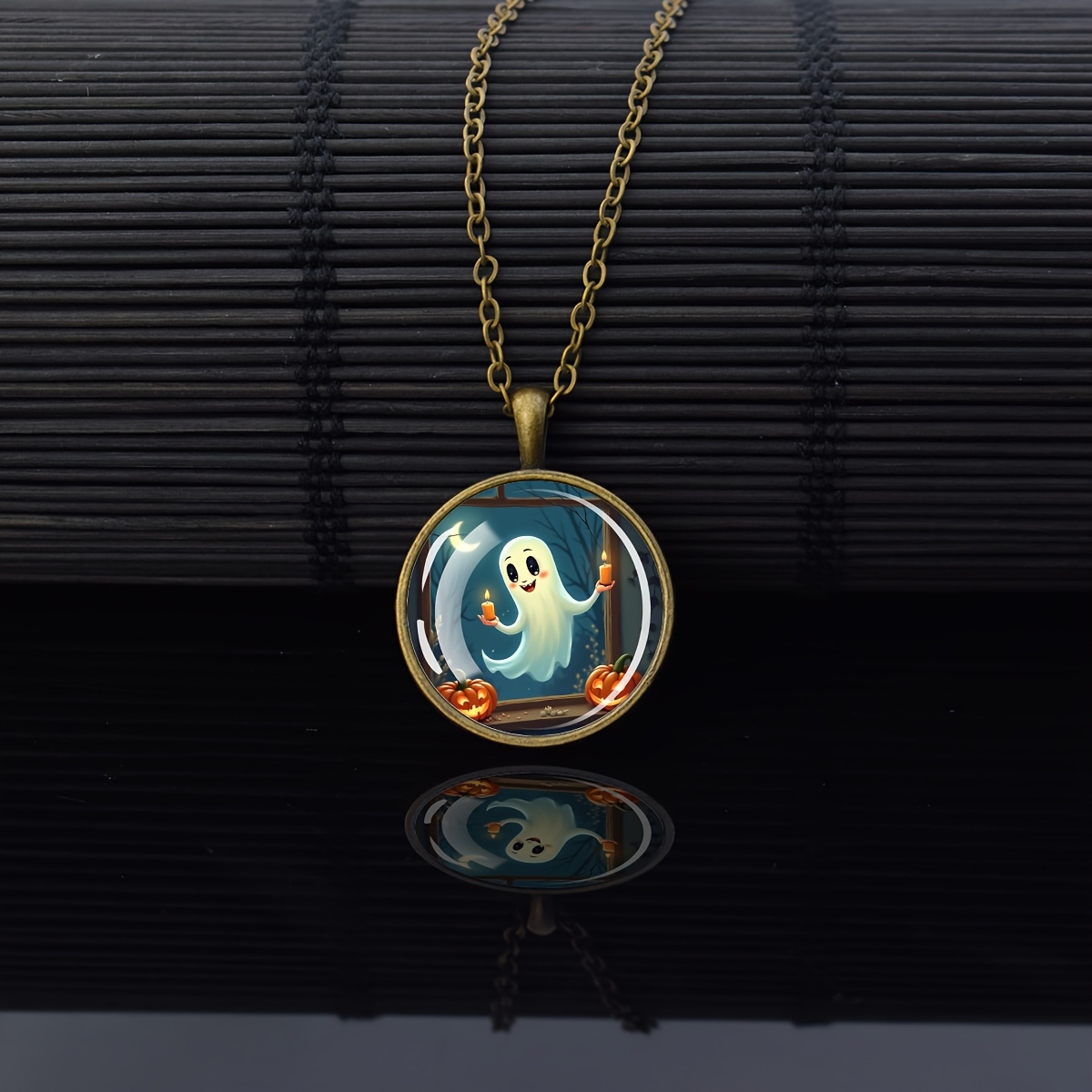 Halloween Ghost Pumpkin Window Scene Necklace, Vintage Charm