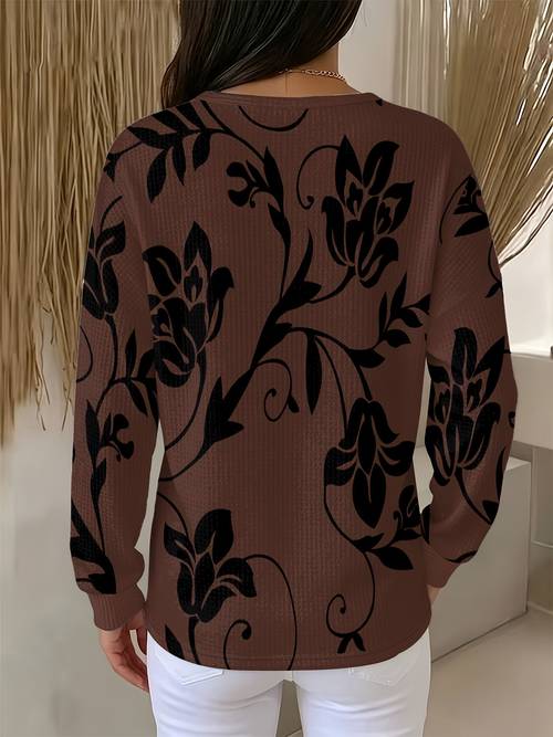 fashion casual comfortable womens long sleeve waffle henley shirt black floral vine retro premium