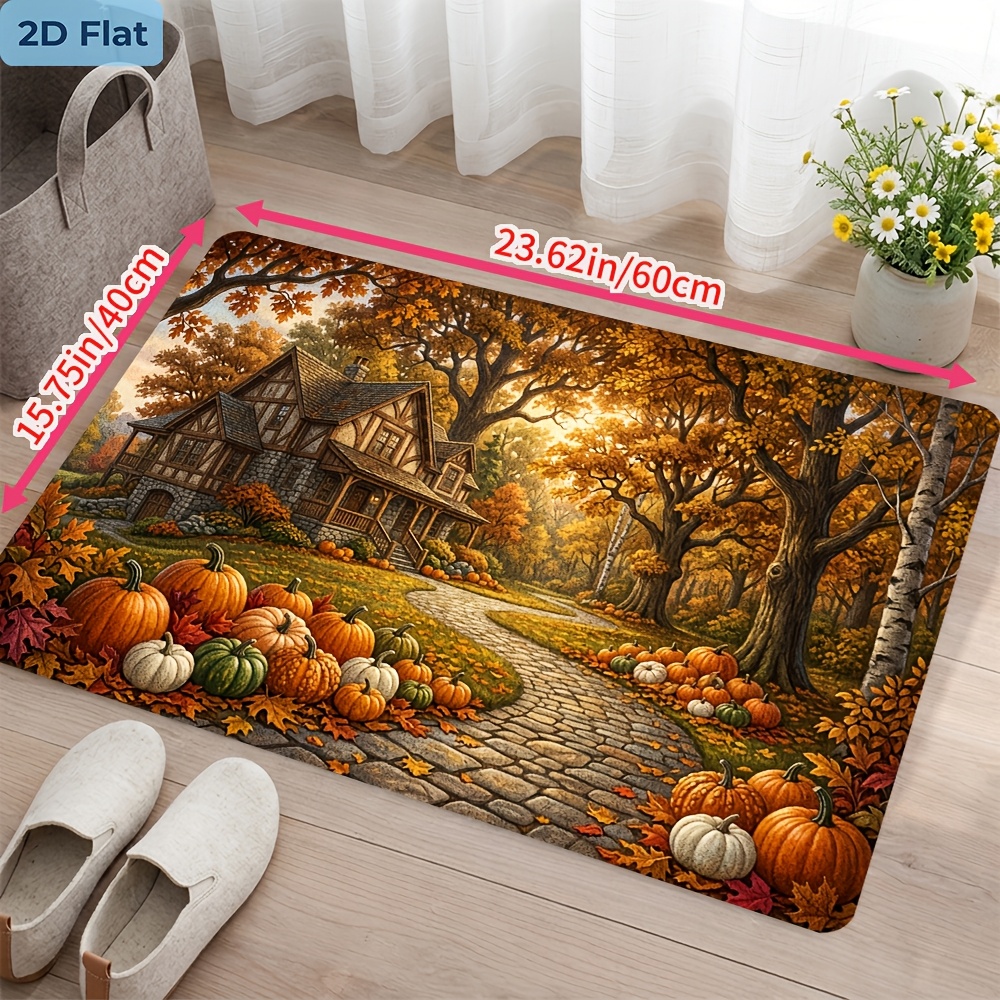 TEMU [2d Flat] Autumn Pumpkin Path Pattern Door Mat, 850g/m2 Velvet, Dot-embossed Backing, Pastoral Style Comfortable Carpet, Suitable For