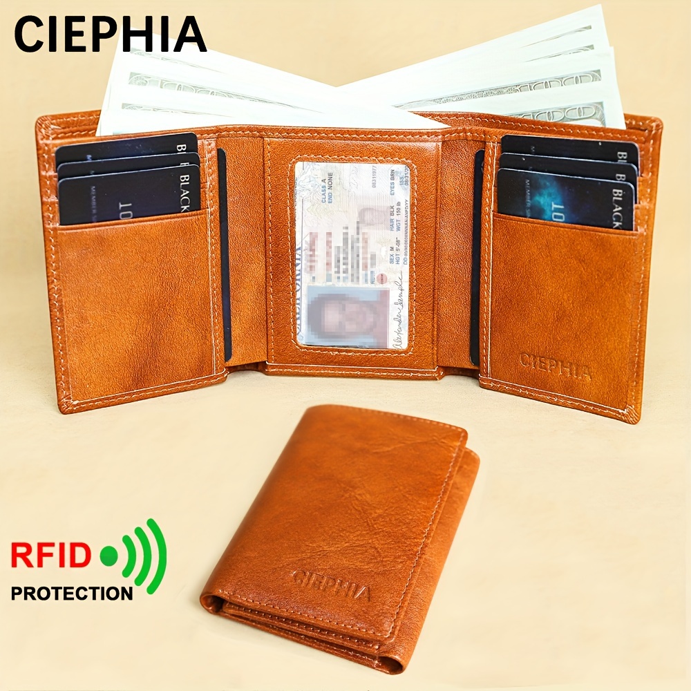 

Men's Genuine Leather -fold Wallet, Anti-theft Brushed Top Layer Cowhide Vintage Wallet, With Id Window, 8 Card Slots, Cash Pockets, A Gift For Men