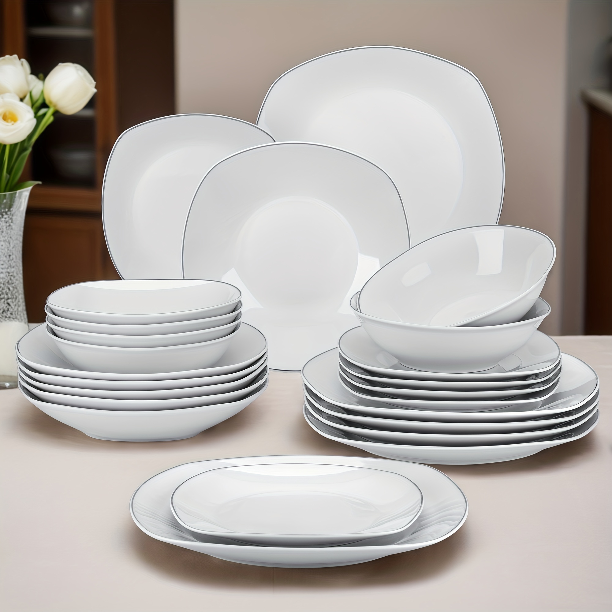 24pcs Dinnerware Set Grey White With Silver Rim Porcelain Tableware Dinner Plate Dessert Plate Soup Plate And Cereal Bowl Service For 6