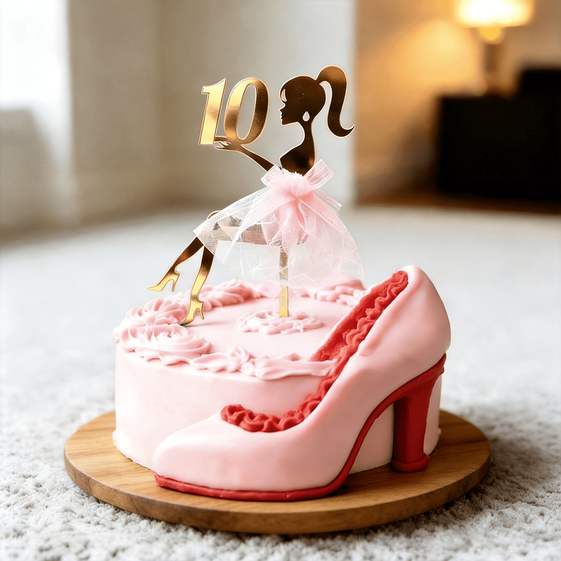 TEMU 1pc Golden Acrylic 10th Birthday Cake Topper With Little Girl And In Pink Dress, Girl Silhouette Cake Decor, Kids Party Supplies, Halloween