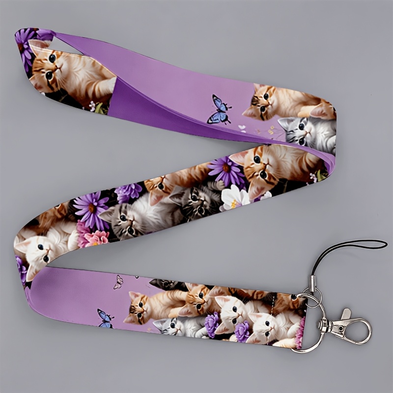 TEMU 2d Flat Lanyard Suitable For Office Workers And Students, Unisex, Cute Cat Flower Print Purple Lanyard, Adorable And , For Phones And Id Badges,