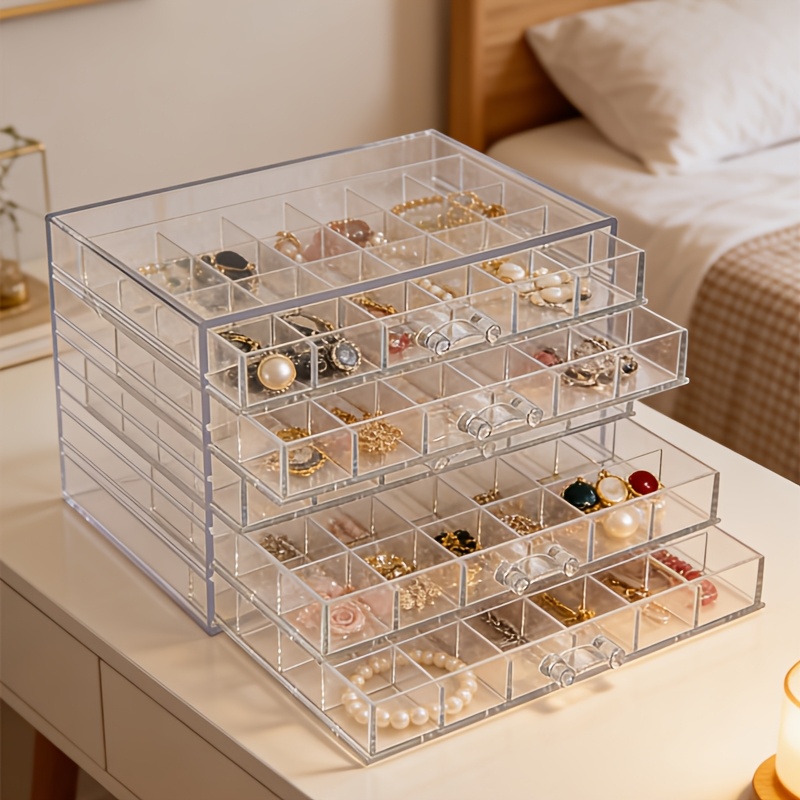 TEMU Clear Acrylic Jewelry Storage Box With 5 Drawers & 5-tier Layers - 120 Grid Organizer Suitable For Earrings, Rings, Bracelets, Necklaces Display