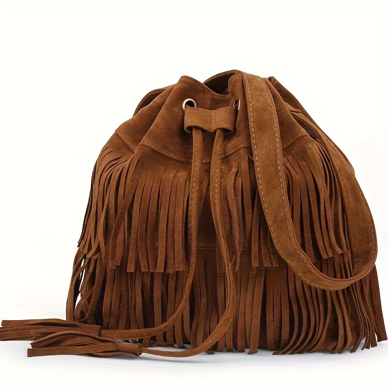 TEMU Vintage-style Bucket Bag With Tassel, Drawstring Crossbody Bag, Simple Shoulder Bag For Travel And Daily Use