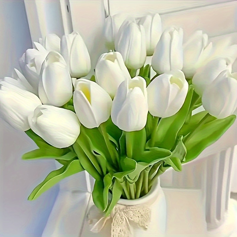 10 stk. hvide tulipaner kunstige blomster med stilke, ægte pu tulipaner, velegnet til hjemmet, kontoret, fest, forårskrans, bryllupsbuket, midterstykke, spisebordsdekoration
