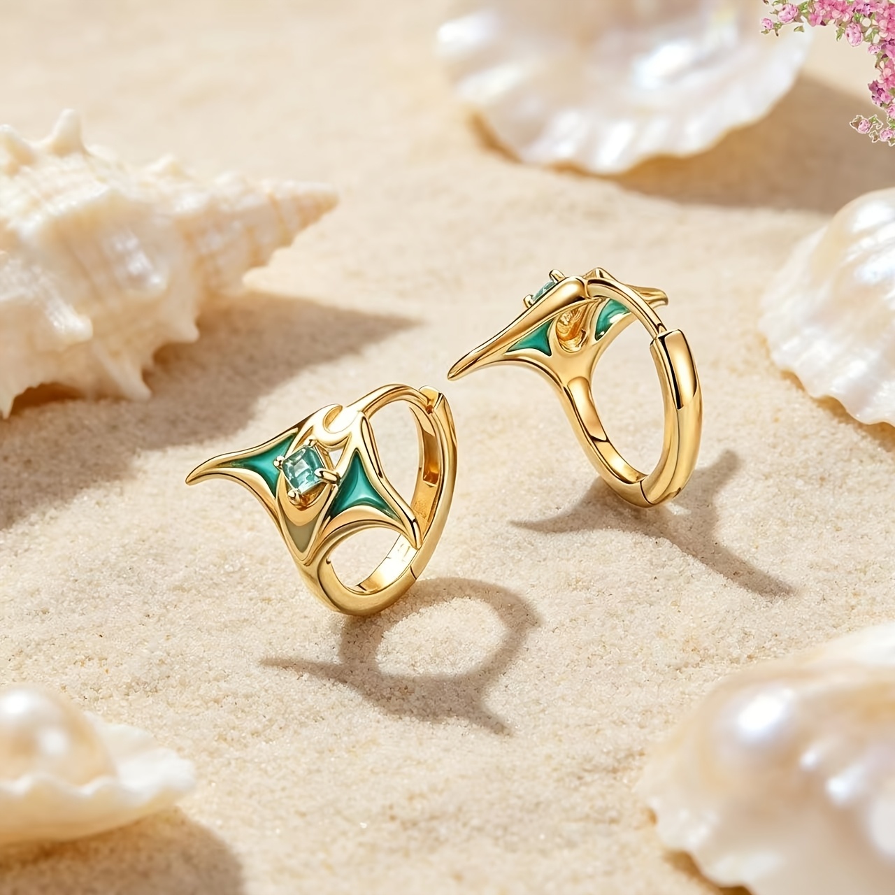 TEMU 1 paire de boucles d'oreilles verte style océan mystérieux d'été plaquées or