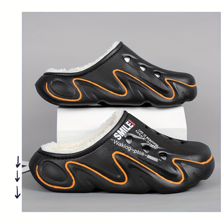 Men's Winter Clogs with Fleece Lining - Warm, High Quality, Non-Slip EVA Sole, Black & Orange Design, Indoor/Outdoor Use, Large Size Options, Indoor Footwear | Casual Slipon | Durable Traction Footwear