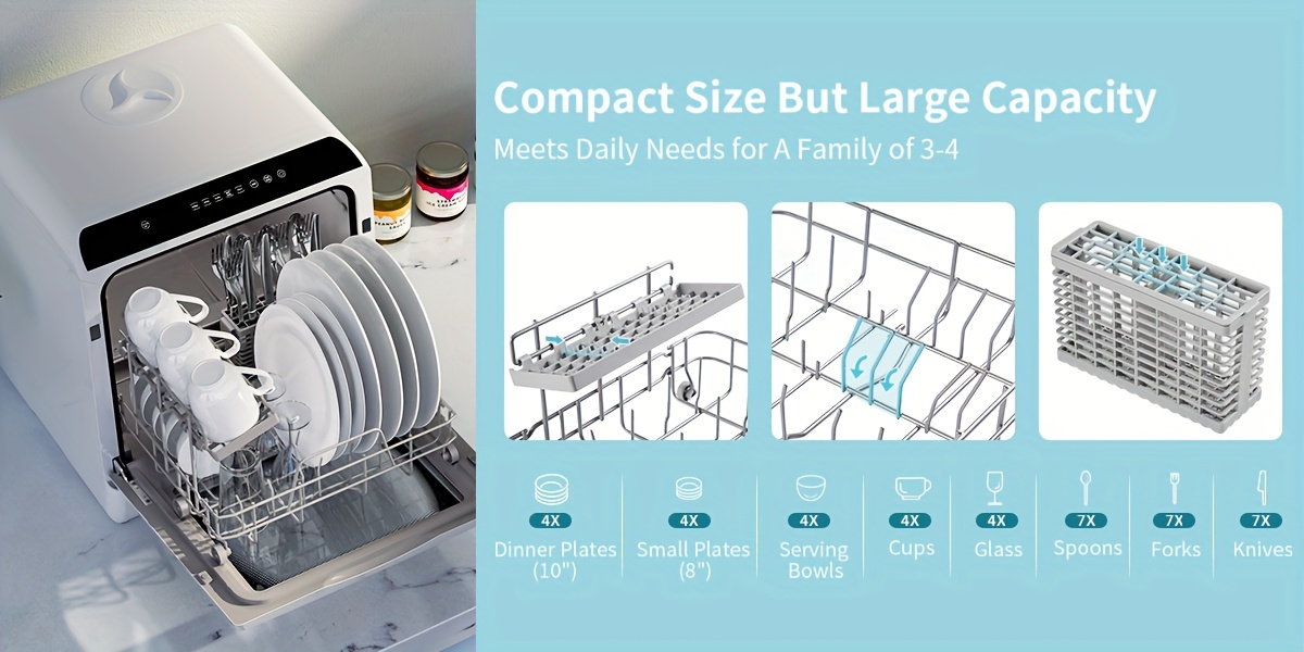 Lave-vaisselle à lave-vaisselle indépendant, lave-vaisselle commerciaux, 5+1 programmes de lavage, réservoir d'eau intégré de 5L, deux modes d'alimentation en eau, avec séchage à air chaud et fonctions de ventilation automatique, convient aux maisons, appartements et camping-cars