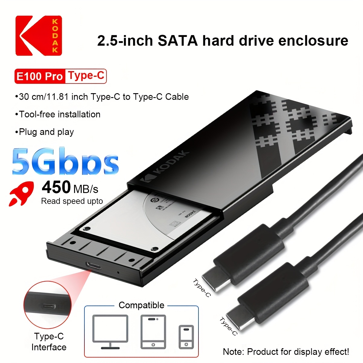 Image of Kodak Type-c 2.5-inch Removable Hard Ssd External Storage Box Usb3.0 To Sata Iii Converter, Abs Material, Supports Up To 5tb Sata/hdd/ssd Transfer: 5gb/s