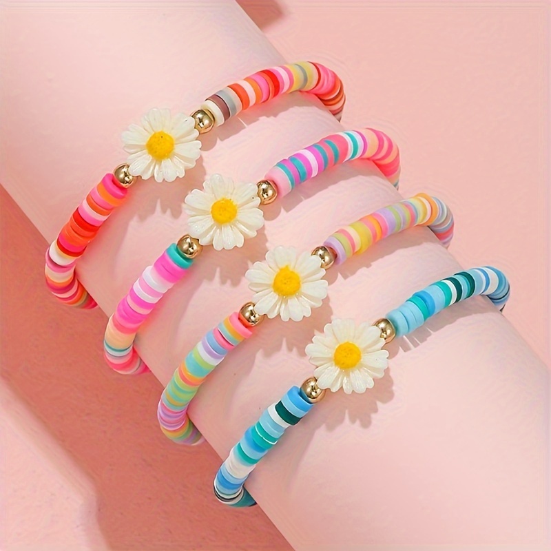 

4pcs Cute Daisy Polymer Clay Wristband Set, Mixed Color Floral Stretchy Jewelry, Cute Theme For 3-14, No Metal Plating, Holiday Birthday Gift Set