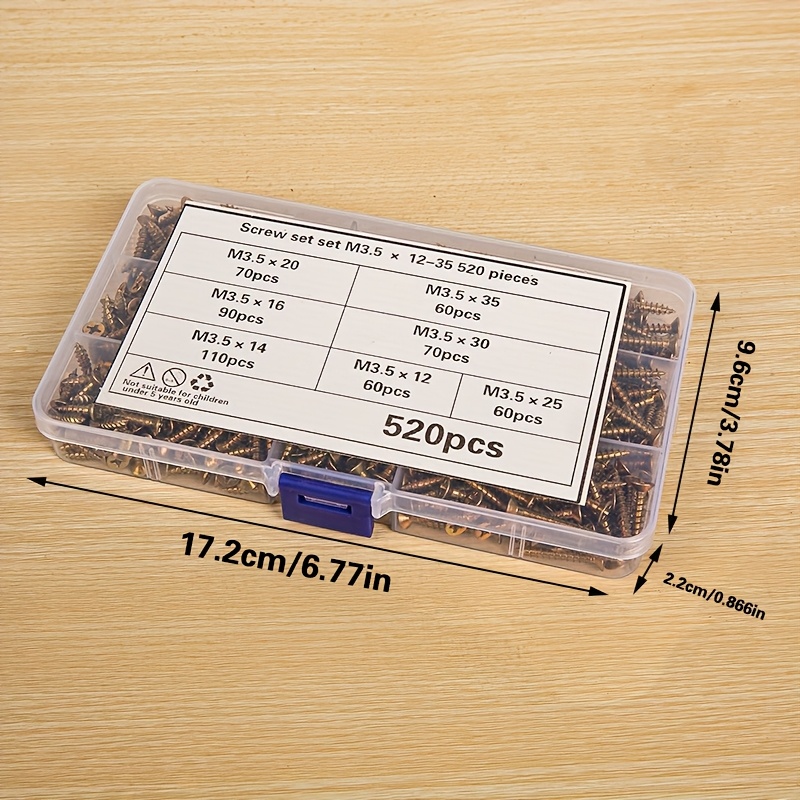 TEMU 520pcs Set Of M3.5/12/14/16/20/25/30/ Countersunk Head Screws/colored Cross Countersunk Head Self-tapping Screws, Suitable For Home Decoration,