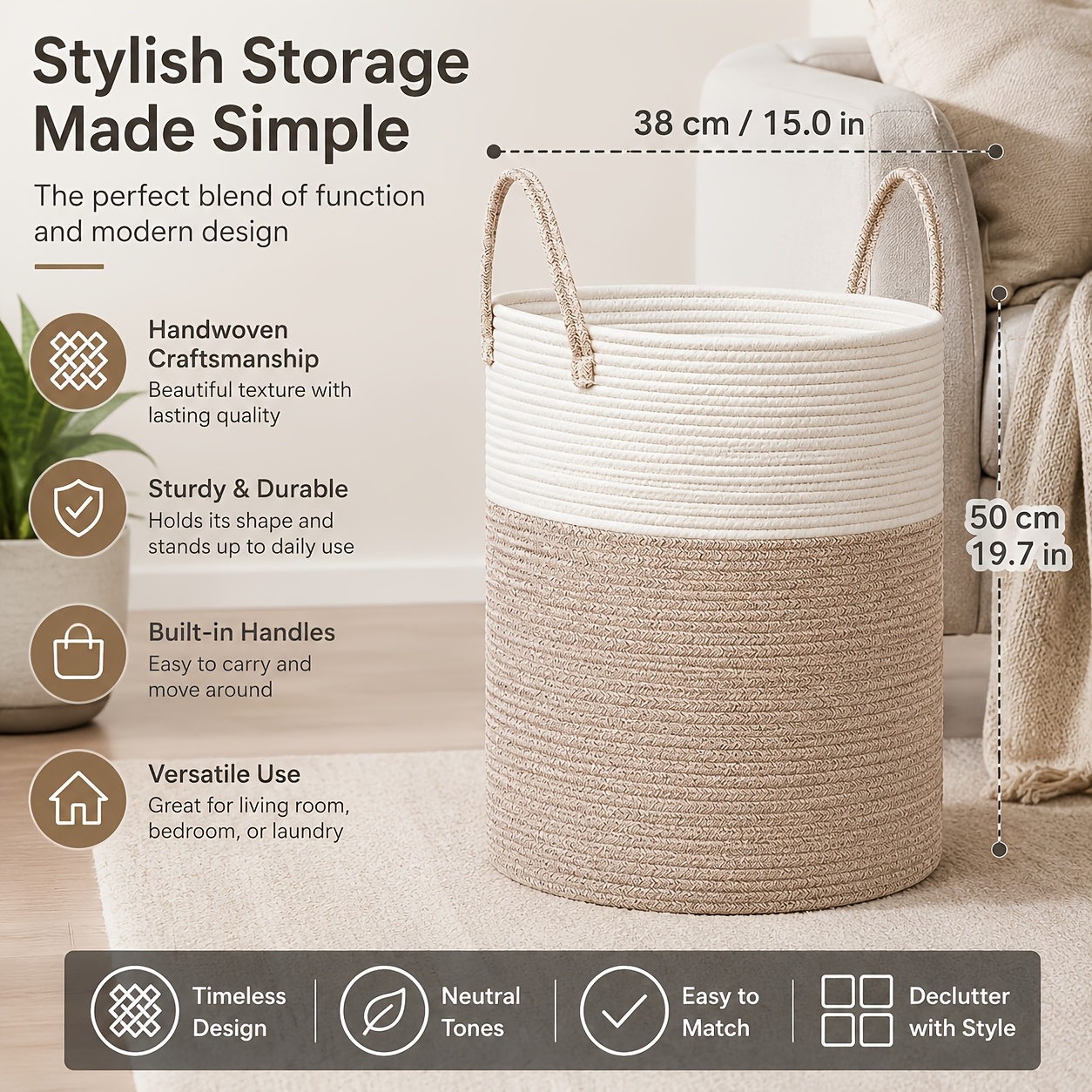 Large Laundry Basket Hamper - 60L Rope Woven Storage Basket for Blankets, Clothes - Tall Decorative Nursery Hamper with Long Handles, Decorative Blanket Basket for Living Room, Laundry Hamper, Nursery Organizer, Beige Rope Basket, Shelf Baskets