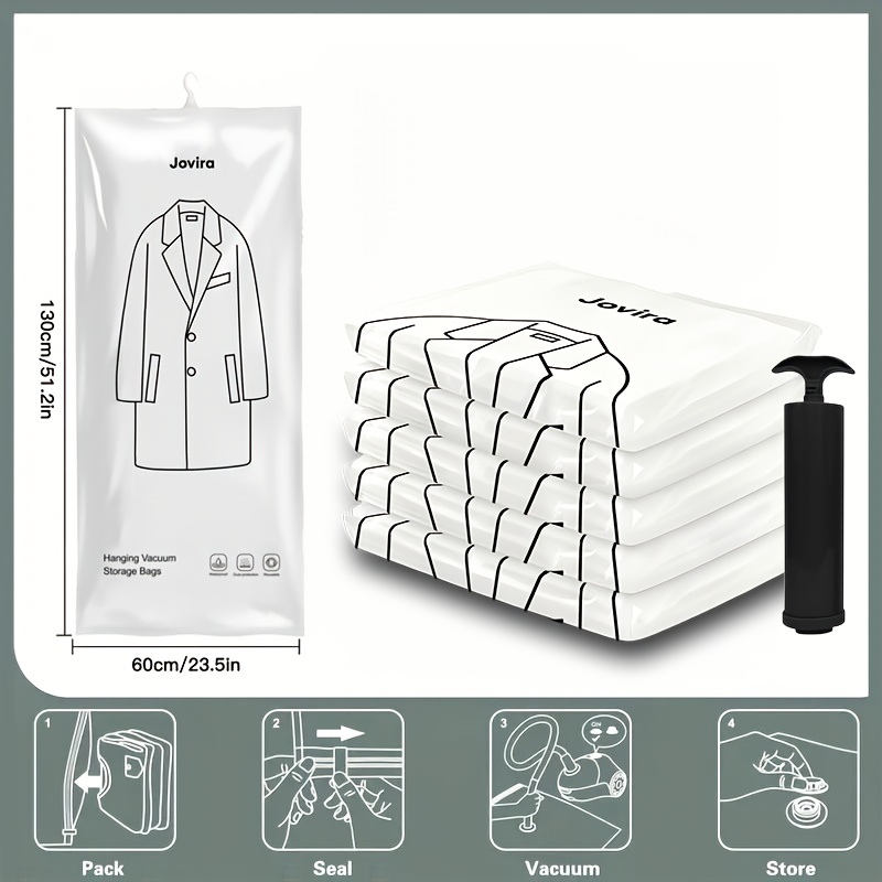 6pcs Set. Hanging Vacuum Storage Bag With Manual Pump, Space- Hanging Bag, Clothes Hanging Storage Bag, Vacuum Sealed For Suits, Dresses, Jackets, And Travel Essentials, Closet Organizer