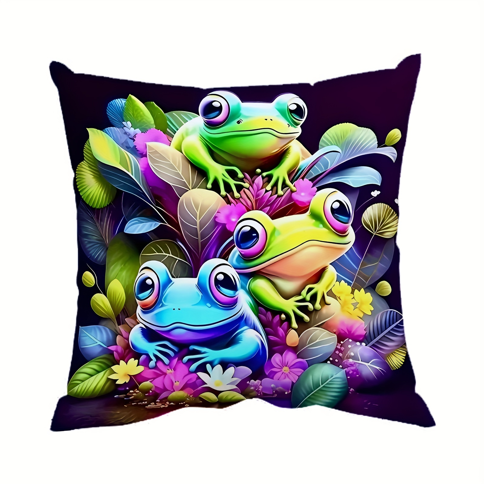 

1pc Colorful Frogs And Leaves Plush Pillow Cover, 18x18 Inch, Contemporary Style, Single-sided Print With Zipper, Home Decor For Sofa & Bedroom, Cushion Cover Only