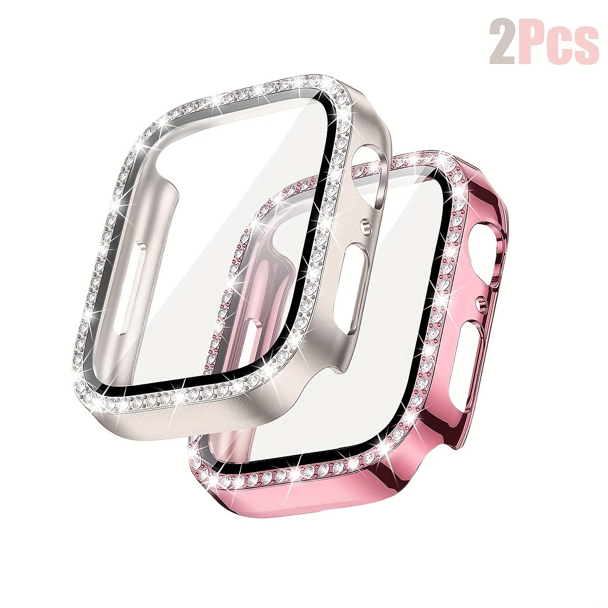 Image of 2pcs For Watch Diamond Watch Case, Premium Rhinestone Inlay Pc Protective Case With High-definition Tempered Glass Screen Protector. For Iwatch Series 11 10 6 5 4 Se