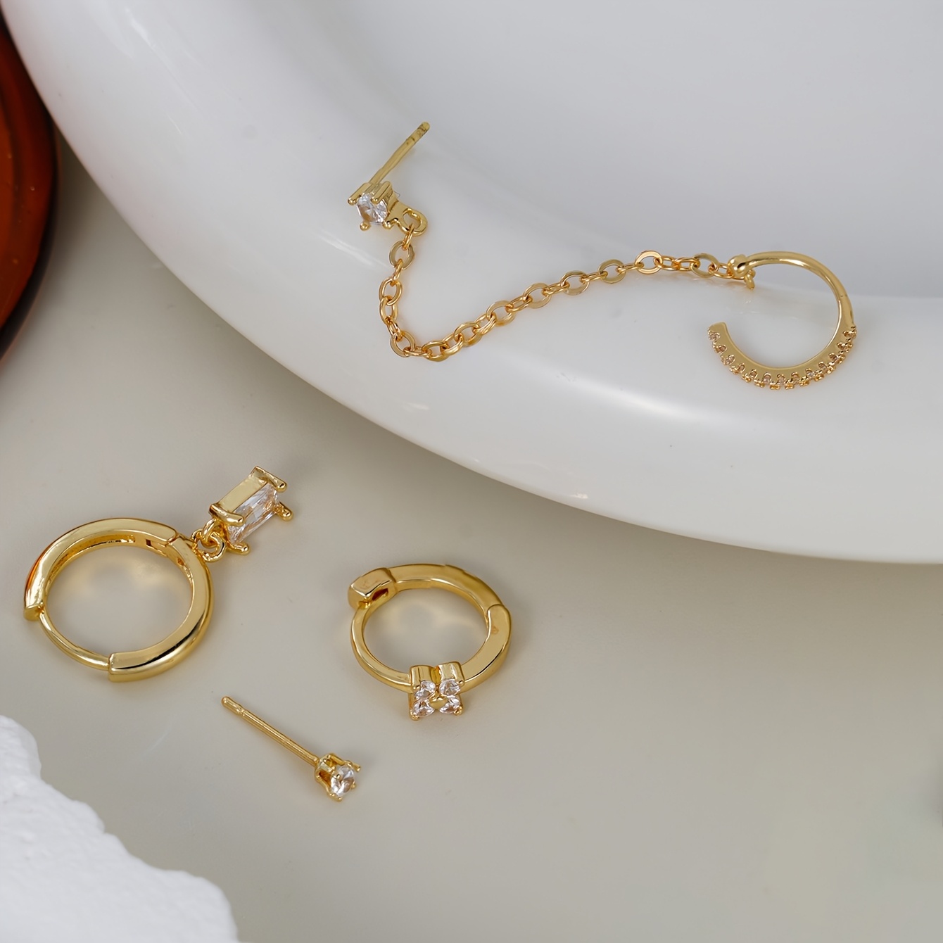 Image of 4pcs Set Of Women's Fashion Earrings, Elegant Exquisite Synthetic Zirconia Inlaid Square Pendant Flower Earrings, Suitable For Banquet Date Daily Wear Jewelry