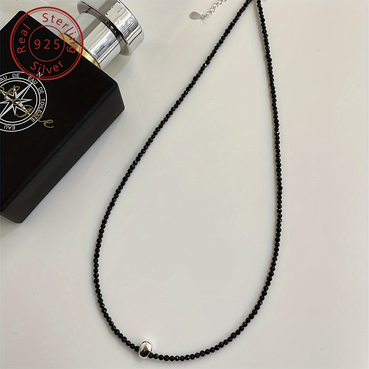 Image of A 925 Silver Bead Necklace With Black Pointed Crystals, Featuring A Minimalist Korean Style, Wear And Gifting, Weighing 4.8 Grams