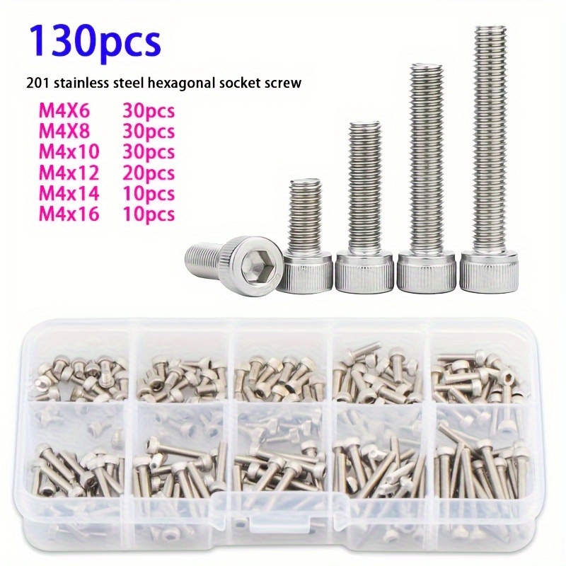 Image of 130pcs/set 201 Stainless Steel M4x6/8/10/12/14/16 Hexagon Socket Screws, Bolts, Nuts Metric Allen Hexagon Drive, , With Storage Box Classification Kit Hexagon Hex Socket Head Cap Allen Screw