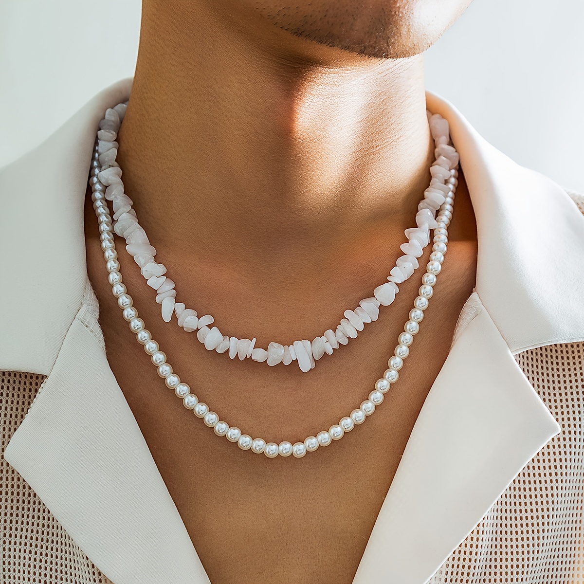 

2pcs Pieces Of Necklace Men's Hip-hop High-grade String Beads Collarbone Chain Men's Jewelry