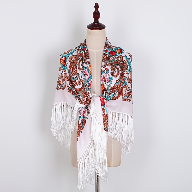 TEMU A Women's New Printed Rose Floral Tassel Square Scarf, A Vintage And Elegant Versatile Shawl For Casual Wear, A Stylish Accessory For , And A