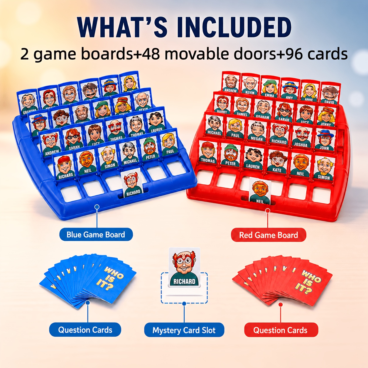 TEMU Who Card Tabletop Game, Includes 2 Boards And 48 Activity Doors And 96 Cards, Parent-child Interactive 2-player Competition , Training Brain
