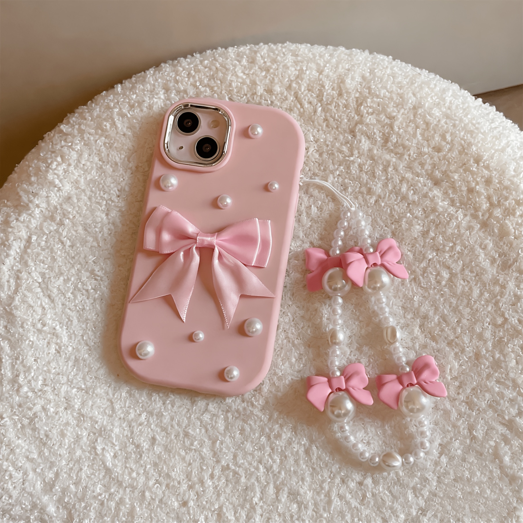 TEMU Phone Case - New Goddess 3d Large Bow Pearl Phone Case With Bow Bracelet Suitable For Iphone 17 16 15 14 13 12 11 Easy Niche Full Coverage Phone