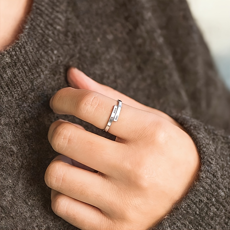 TEMU Personalized 2mm Stainless Steel Hollow Engraved Name Ring, Easy Stackable Open Band, Customizable Name Letters, Couple Anniversary, Mother's
