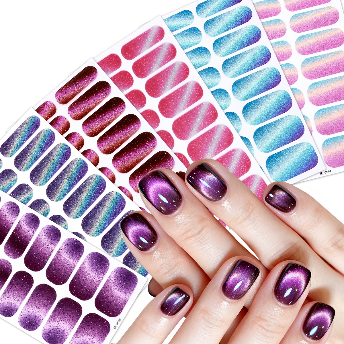 Image of 6pack(96pcs) Nail Polish Strips, Spring And Summer Nails Metallic Glitter Nail Wrap Set, , Suitable For Women's Home Music Festival Nail Art Stickers