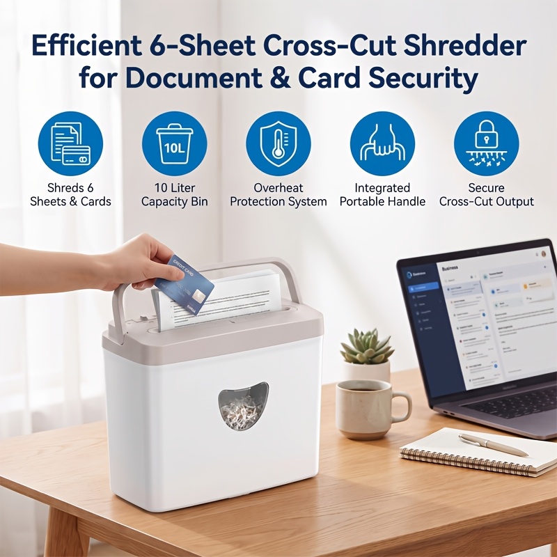 Image of Wool Compact 6-sheet Cross Cut Brown And White | P4 Privacy Protection, Jam Proof Reverse Mode, Thermal Safety, 2.54gal Transparent Bin For Home Desk