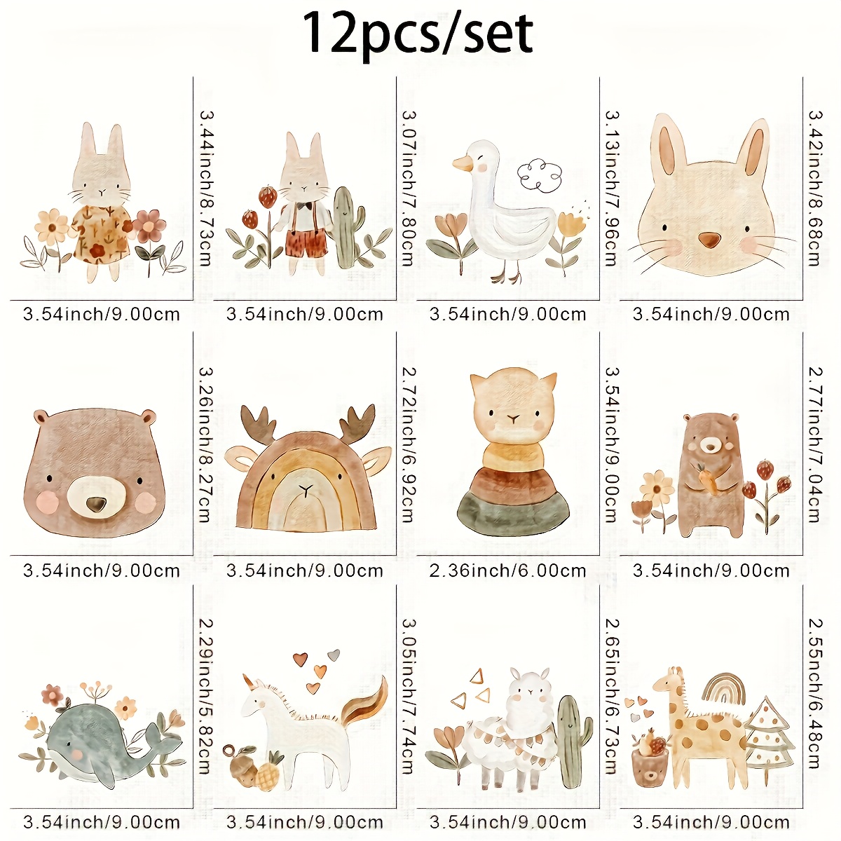 TEMU 12 pezzi Adesivi Termoaderenti Animali Carini - Stickers in Lavabili con 12 Design Accattivanti (Orso, , Lama , Cactus Fox Scozzese Procione