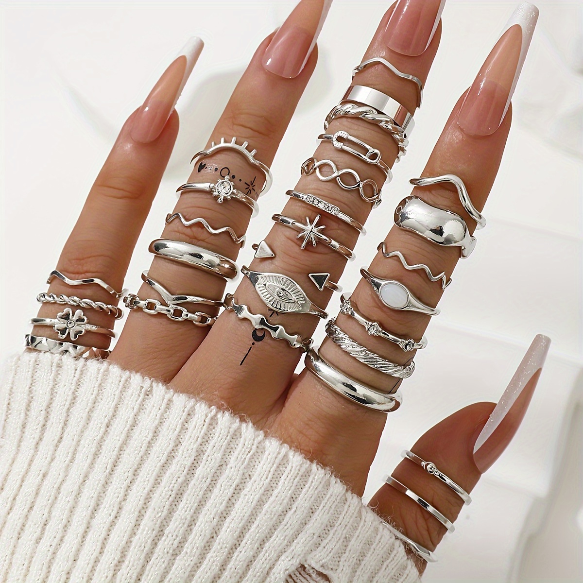 TEMU Ensemble de 30 bagues empilables pour femmes, bague mince et , , géométrique, œil malin, fleur, design torsadé, bijou de tous polyvalent, cadeau
