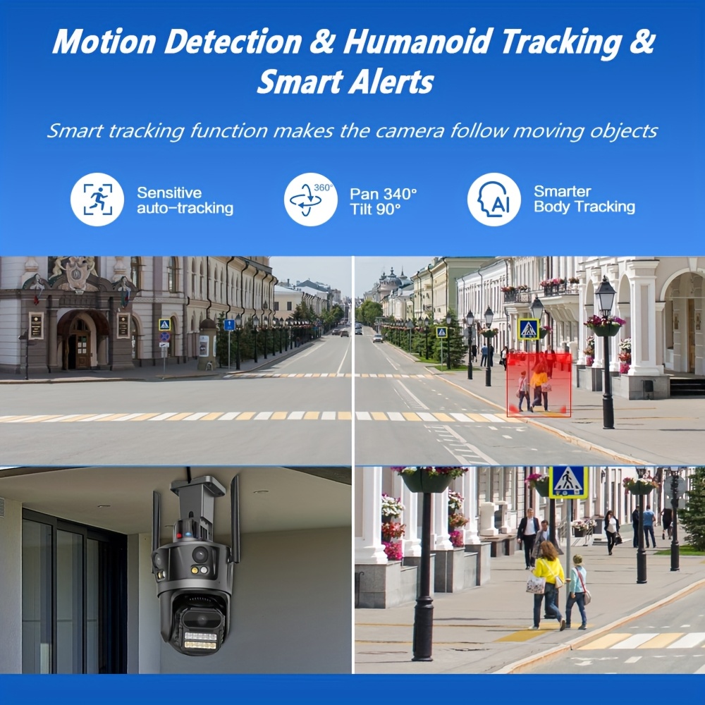 Cámara de seguridad para el hogar con WiFi PTZ de tres lentes, vigilancia exterior 3 en 1 con rotación de 360°, seguimiento automático, visión nocturna de color completo, foco, audio bidireccional, compatible con Alexa, IPX4, enchufe de la UE