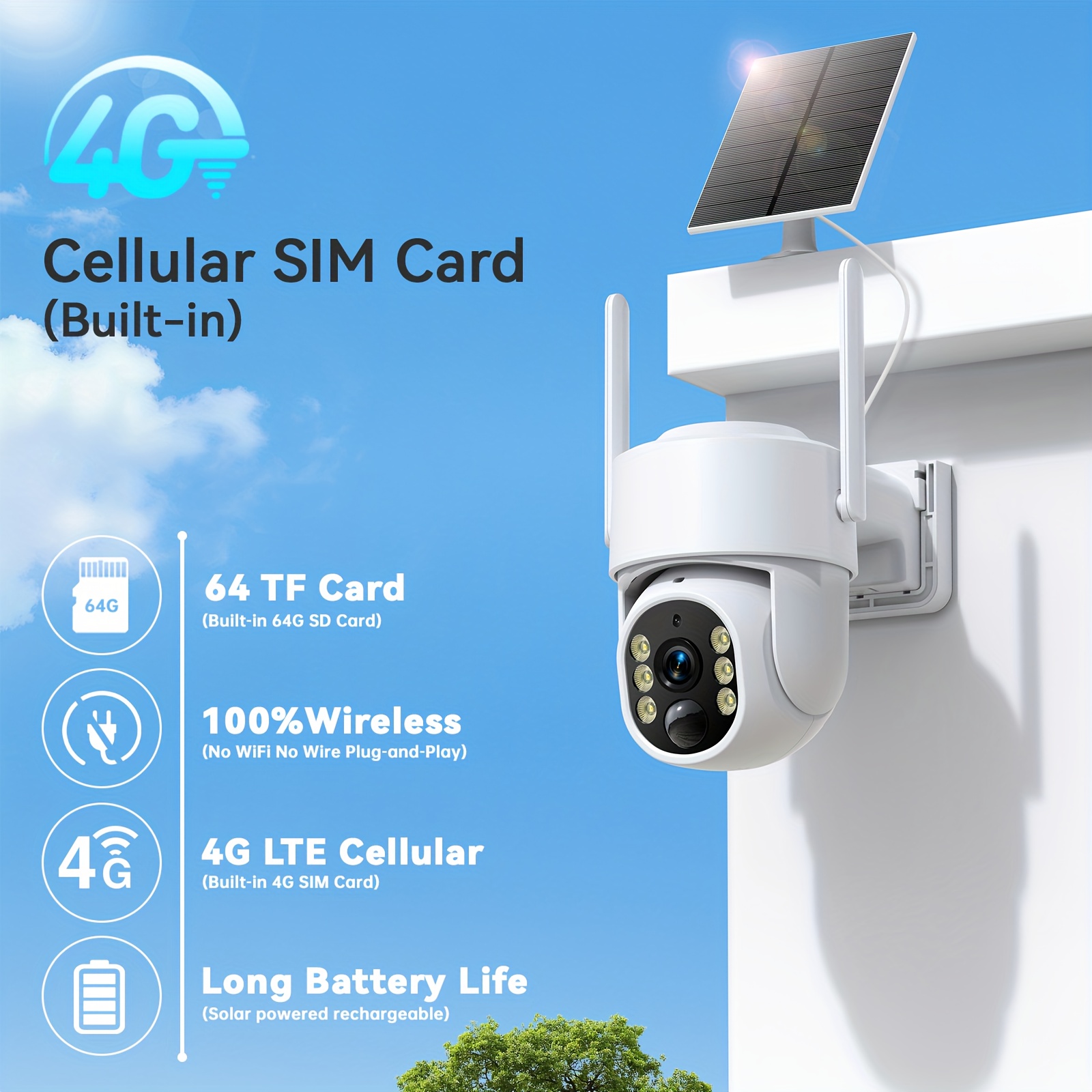 TEMU Wesecuu 4g Lte Cellular Solar Security Camera Wireless Outdoor, No Wifi Need Solar Powered Camera, 360° , 4mp Color Night Vision, Pir Motion