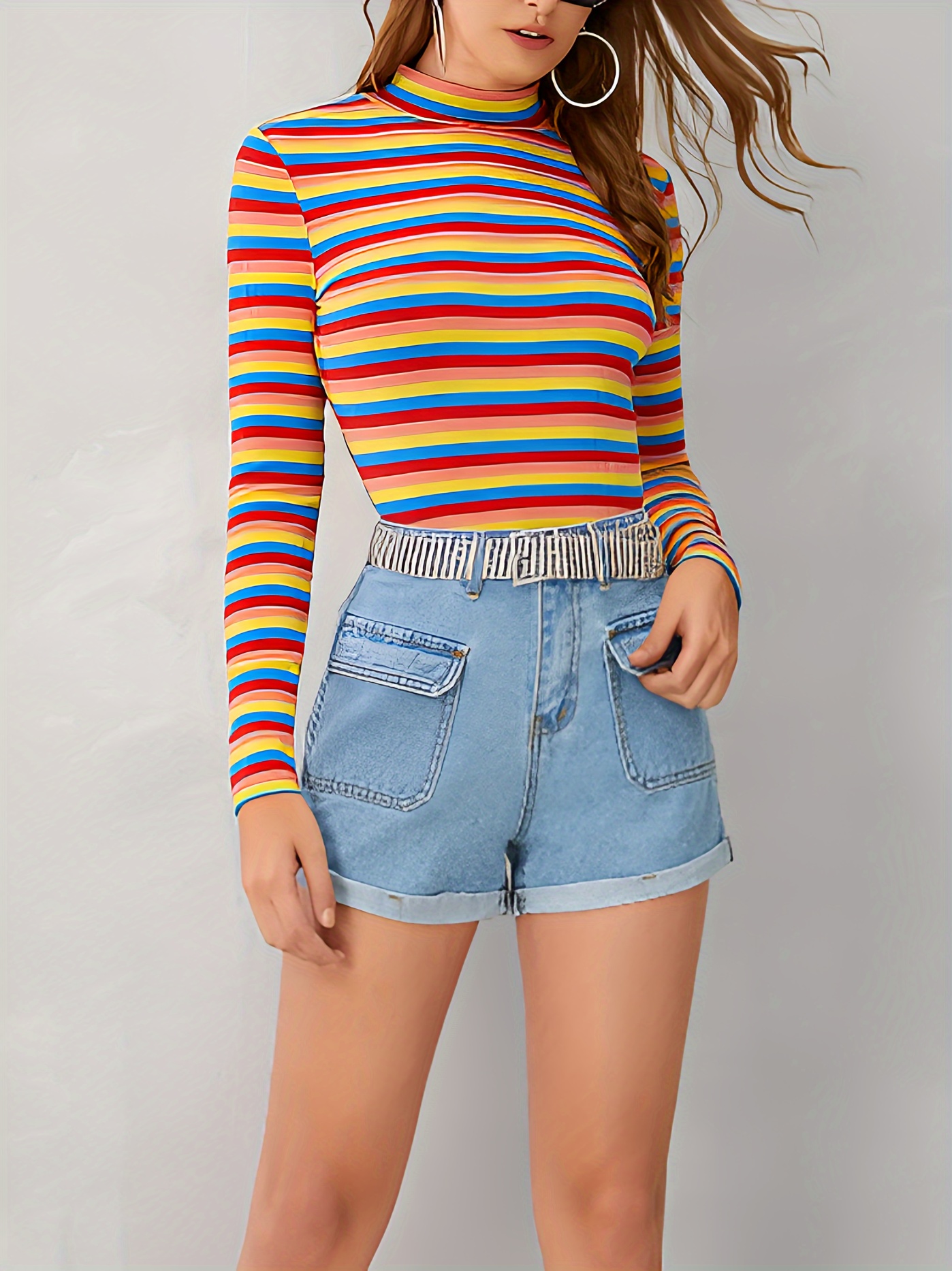 Women'* Striped Crew Neck T-Shirt Casual Long Sleeve Top with Vibrant  Colorful Stripes, Soft Comfortable Fabric for Spring/Summer/Fall,  Seasonal