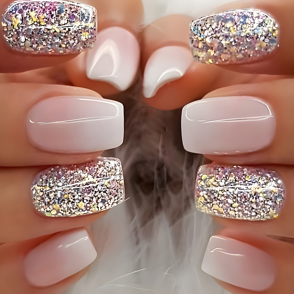 TEMU 24pcs Glossy Medium Square Press On Nails Pink Gradient Glitter Style Fake Nails Elegant And Artificial Reusable False Nails For Women And