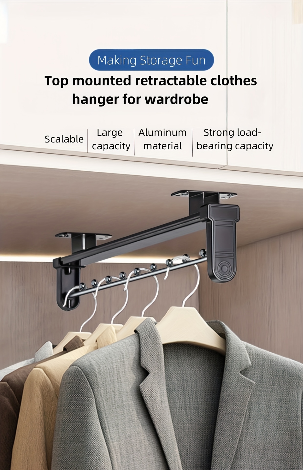 1pc pull out clothes storage rod adjustable foldable metal hanging rail for wardrobes bedrooms space saving organizer drying racks details 3