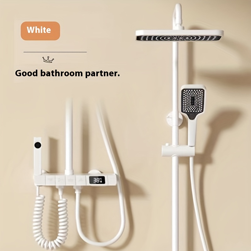 Zestaw Białej Luksusowej Kranu Prysznicowego - Kompletny System Prysznicowy z Deszczownicą, Prysznicem Ręcznym, Złączką Montażową i Zestawem Dekoracyjnym - Łatwa Instalacja i Projekt Oszczędzający Wodę