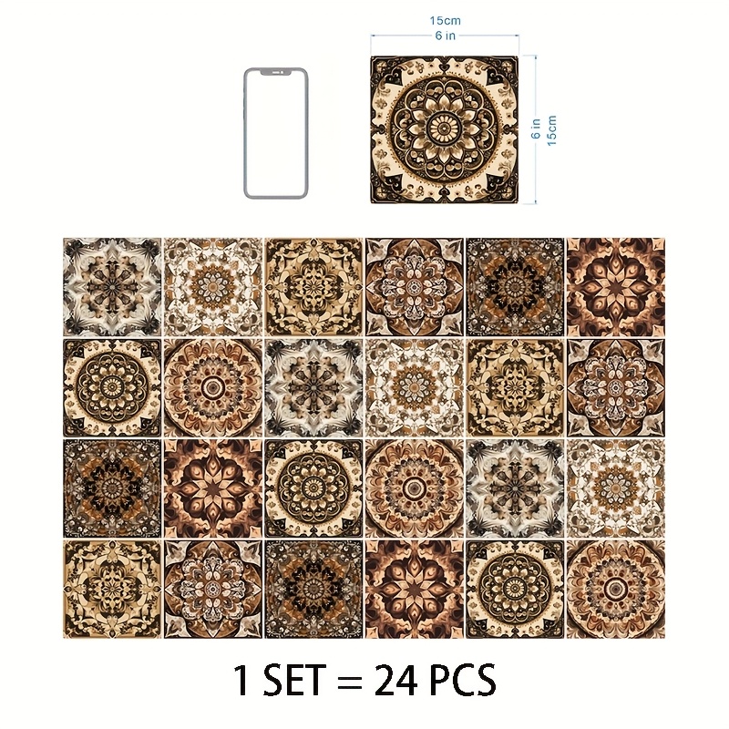 Image of 24pcs Brown Bohemian Style Tile Self Adhesive Wall Stickers Peel And Stick Waterproof Living Room Kitchen Bedroom Wall Decals, Stair Stickers, Home Wall Decoration