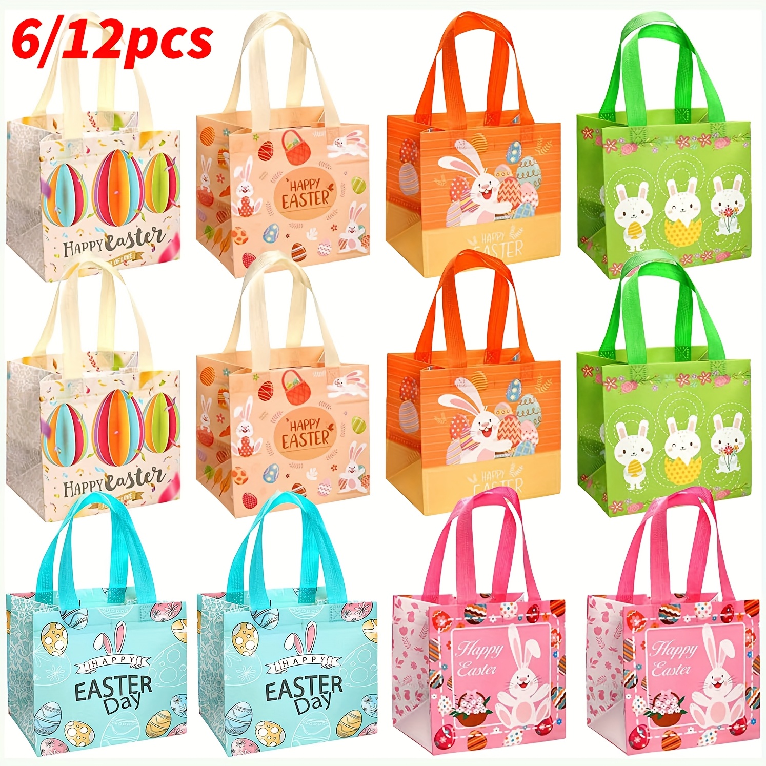 

6/ 12pcs Easter Bags, Easter Baskets With Handle Gift Bags Reusable Non-woven Tote Bags For Easter Holiday Supplies Open Size 7.9x5.9x8.2inch