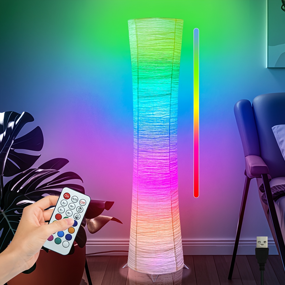 TEMU Contemporary Rgb Paper Floor Lamp Featuring A Remote Control For Easy Lighting Adjustments. This Usb-powered Floor Lamp Is Fast And Practical,