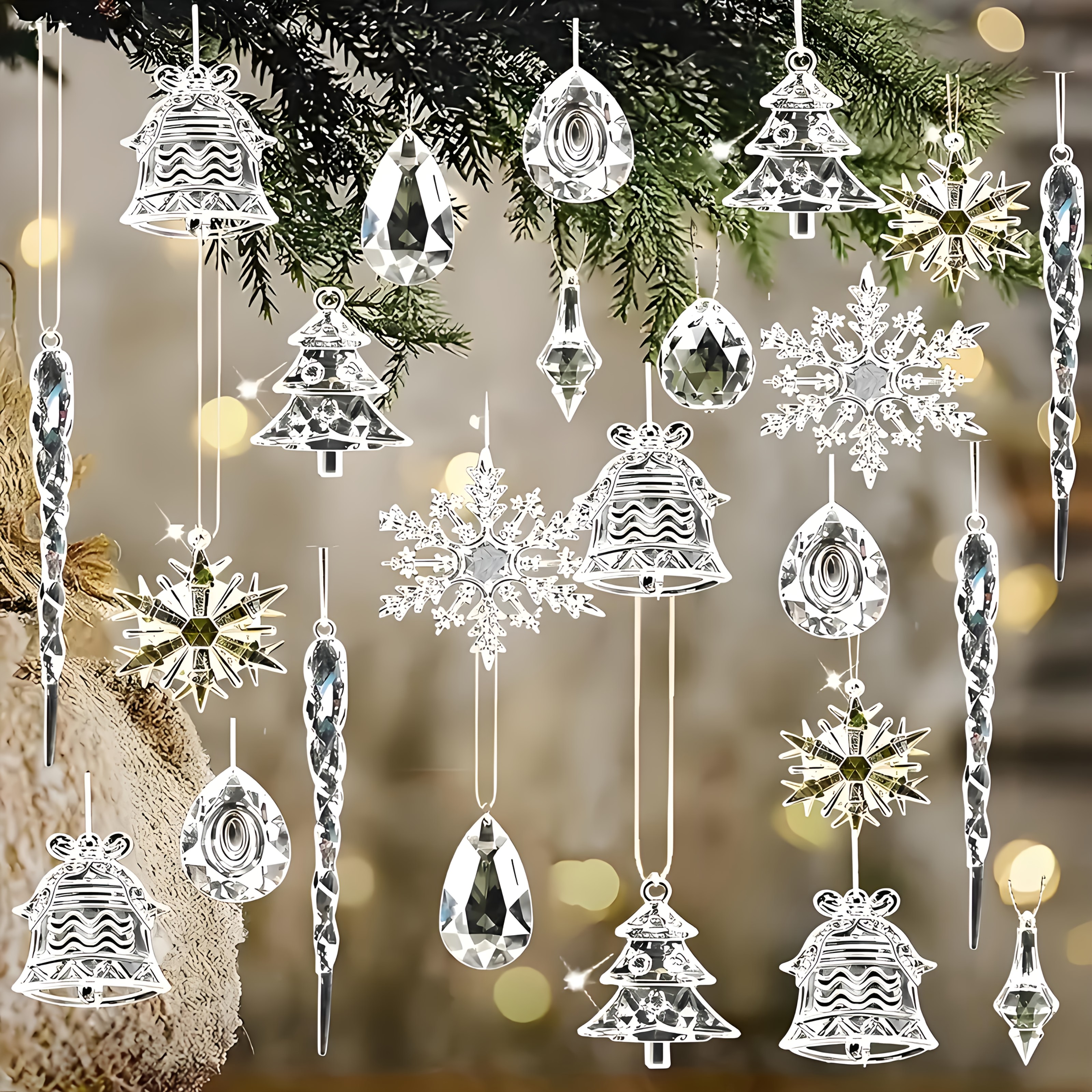 [No Electricity Needed] 35pcs Bohemian Christmas Tree Ornaments - Transparent Icicle Pendants, Durable Plastic Holiday Decor for Wedding & Engagement Party, Winter Wonderland Decorations