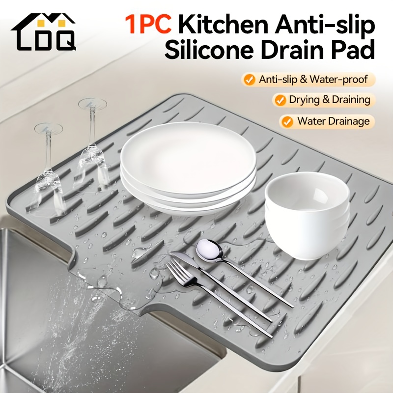 1pc ldq -slip silicone kitchen sink & countertop drain pad - heat-resistant (up to 250°c), built-in drainage design, dish drying rack & space-saving organizer, 40x30cm, easy-  & grey for refrigerator, stove, sinks (fits modern kitchens), refrigerator organizer,  , nonslip surface, countertop protector, home cooks 0