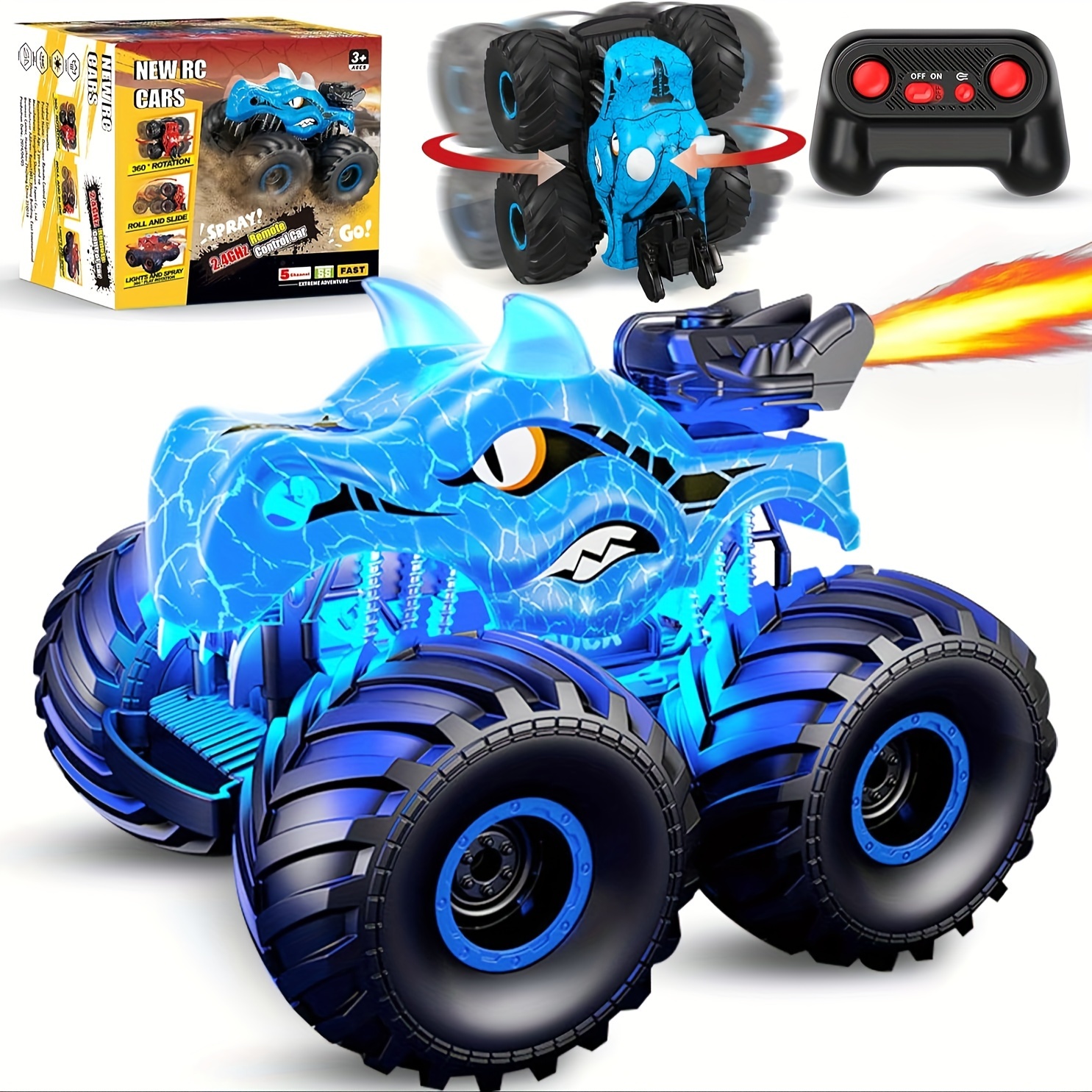 

Remote Control Dinosaur Car Toys For 3+, Truck With Lights Sound Spray For Boys Girls 3-5 4-7 8-12 Years Old, Rotating Hobby Rc Stunt Cars Birthday Christmas, Gift