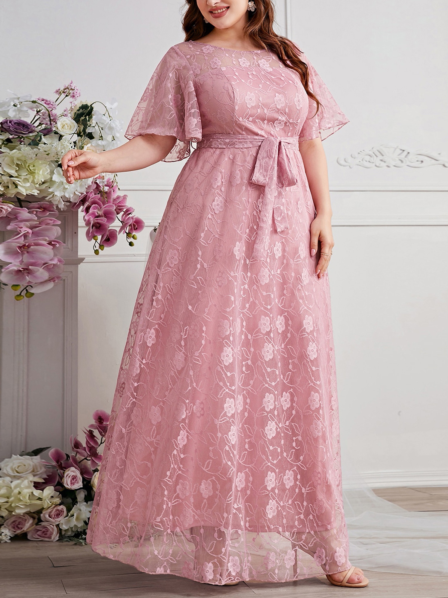 Elegant Plus Size Floral Lace Dress for Women - High Waist, Short Sleeve,  A-Line Silhouette with Belt Detail, Breathable Polyester * Casual