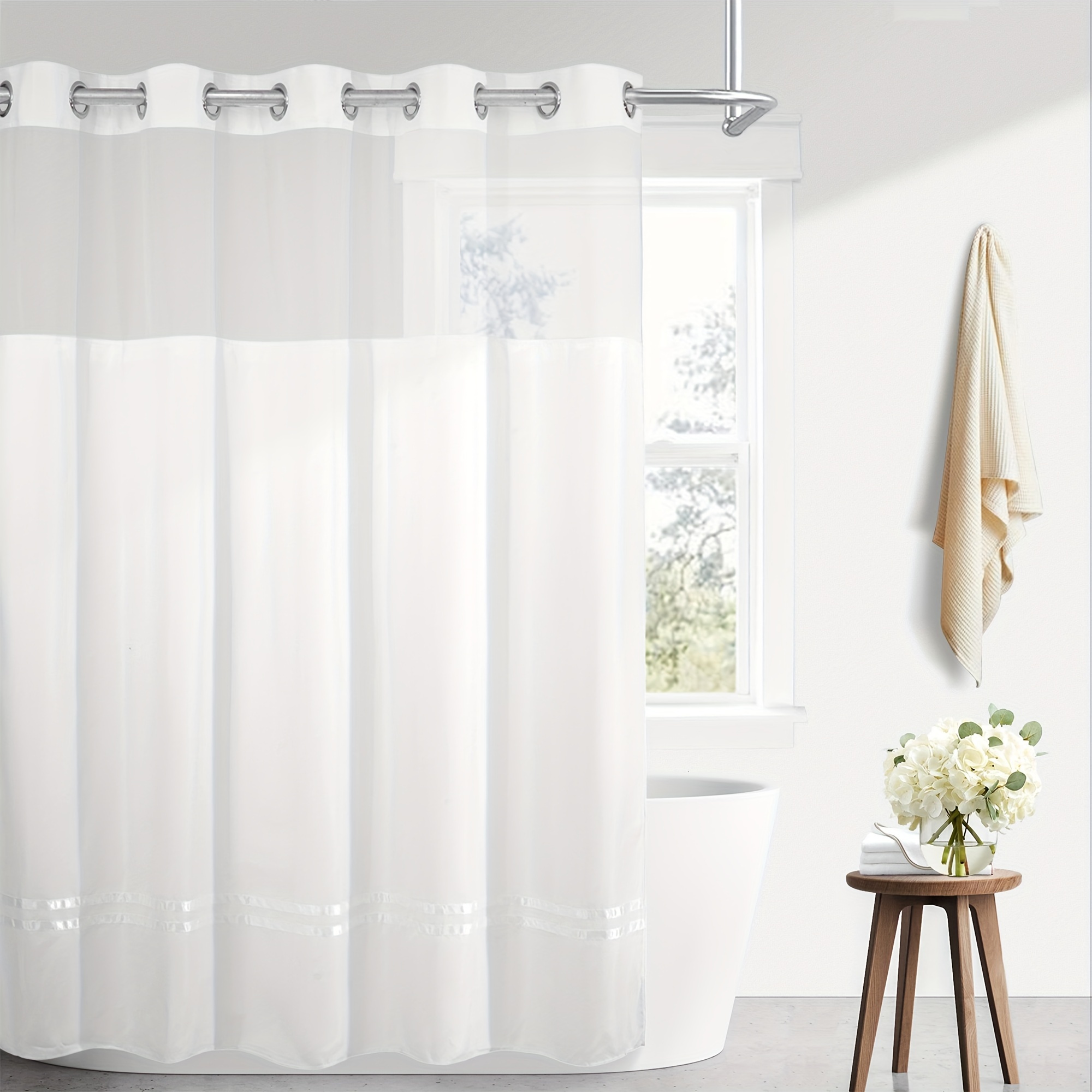 light away no hook striped shower curtain with   liner with sheer top window and magnets high quality